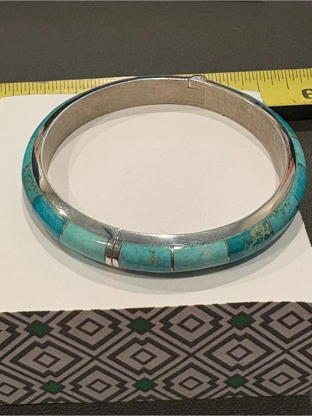 Turquoise Inlay Silver Hinged Bangle Bracelet - Blue Green
